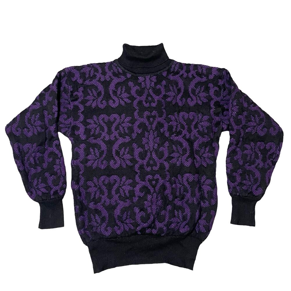 Vintage Meister Turtleneck Sweater Textured Knit Damask Purple Black Size Large